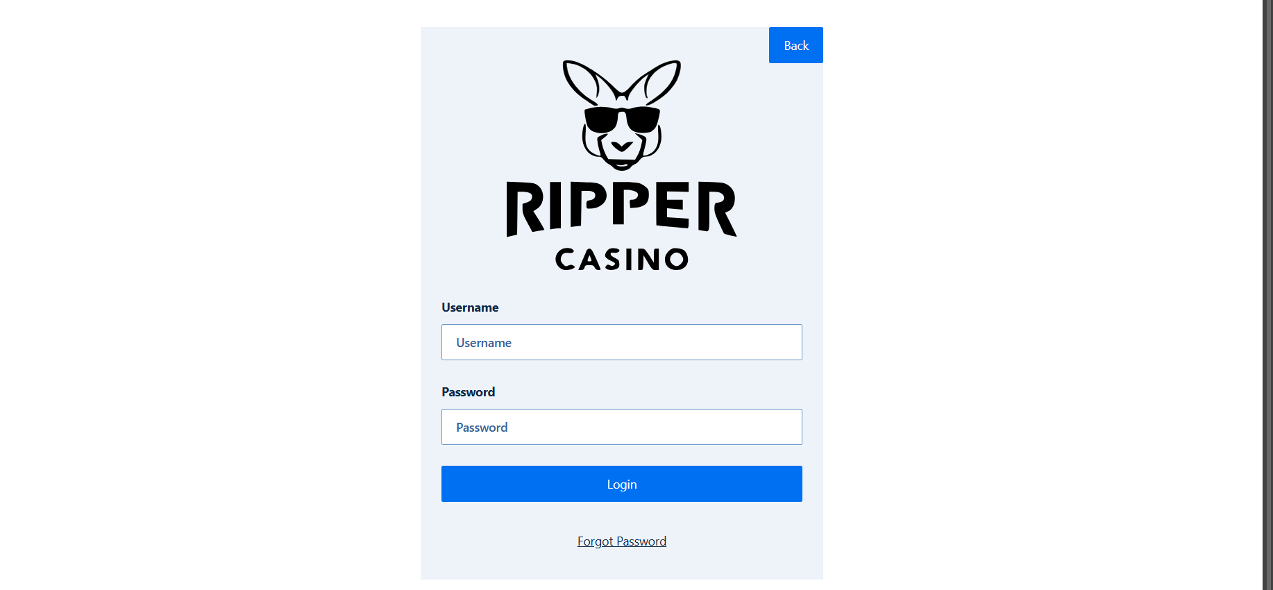 Ripper Casino login page with username and password fields, a blue login button, and a forgot password link on a clean light background.