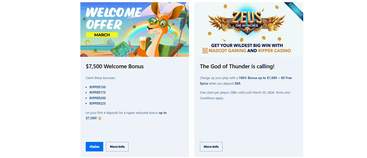 Casino promotions page showing a welcome offer up to $7,500 with bonus codes and a Zeus-themed promotion featuring a 160% bonus up to $1,600 plus free spins.